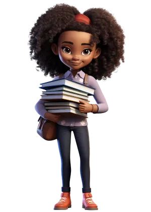 This is an image of a 3D animated character, a young girl with a confident smile and bright eyes. She has voluminous curly hair tied with a red band and is holding a stack of books, suggesting a love for reading or a focus on education. She's dressed in a light purple shirt with rolled-up sleeves, dark blue jeans, and orange sneakers. The character also wears a brown satchel over her shoulder, complementing her studious appearance. The transparent background draws all attention to the character's details and expression.