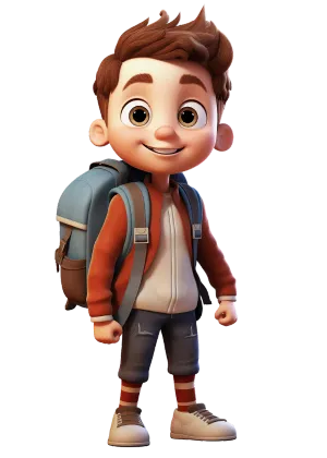 The image depicts a 3D animated character of a young boy with a friendly expression. He has short, tousled brown hair and brown eyes. He's dressed in casual attire consisting of a brown zip-up hoodie over a red shirt, grey pants with a red stripe on the side, and beige sneakers with red laces. The boy is also wearing striped socks and has a blue and brown backpack slung over his shoulders. His pose is relaxed and cheerful, with a hint of a smile on his face, suggesting a readiness for school or a day out. The background of the image is transparent.